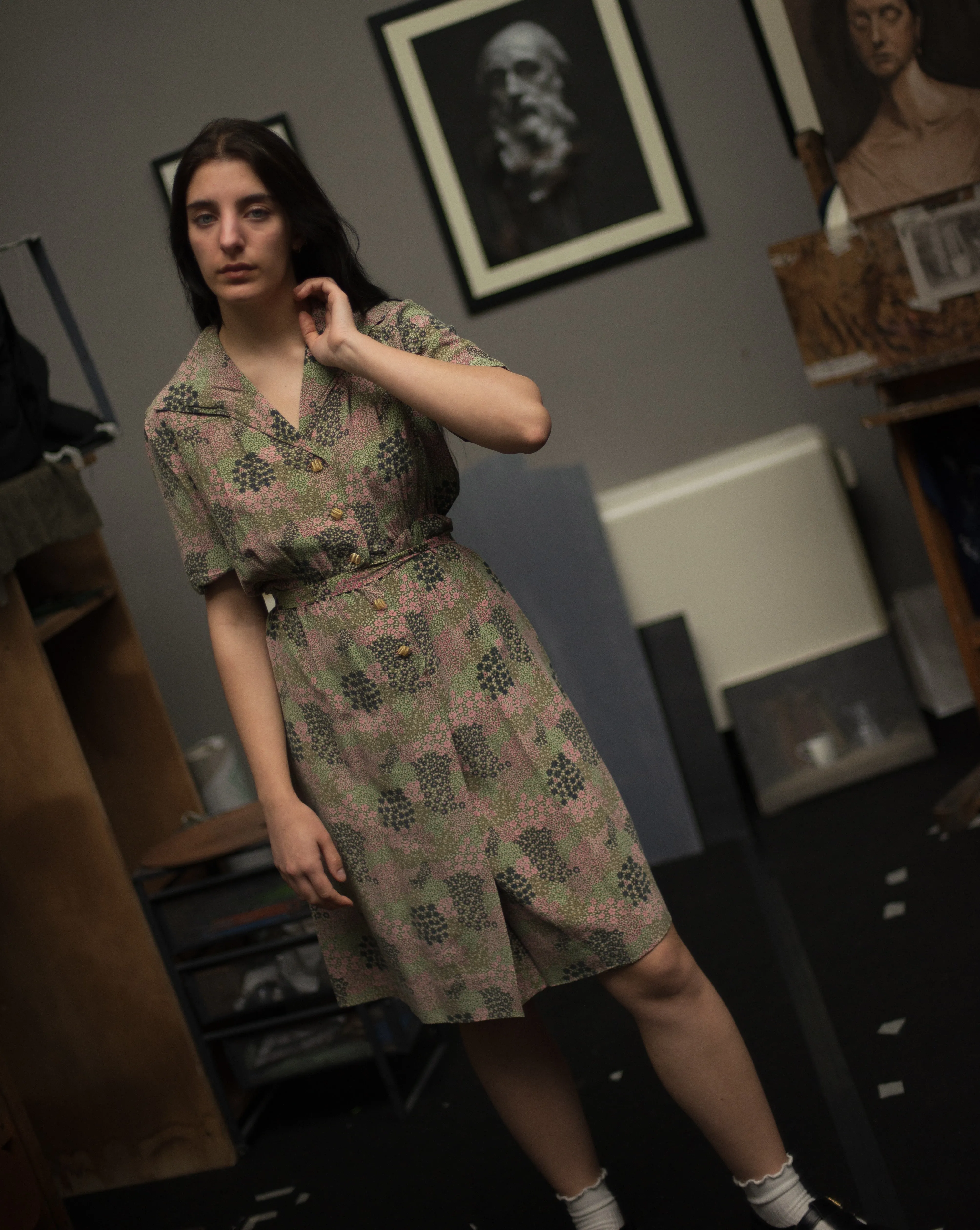 1960s handmade silk ditsy floral shirt dress, fits up to large