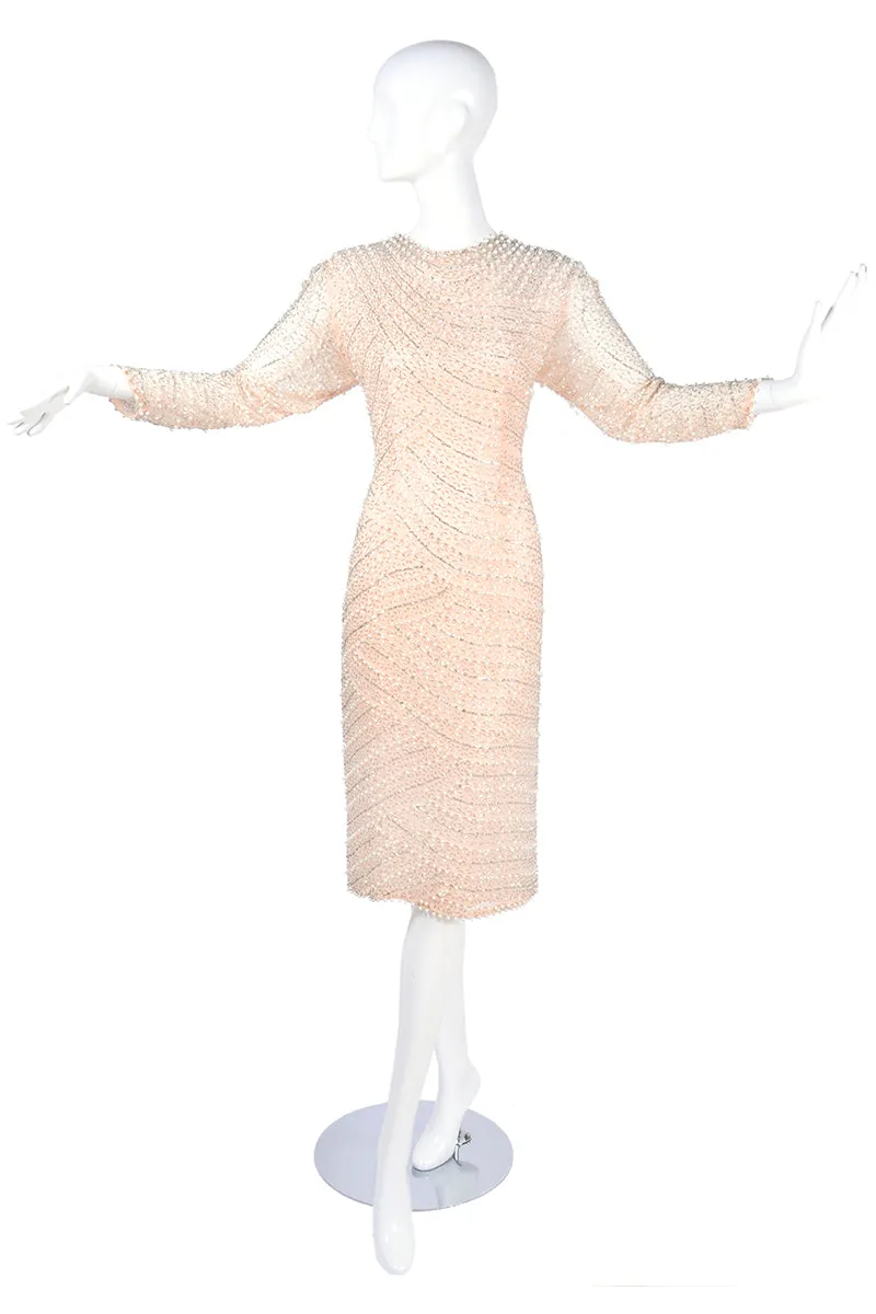 1980's Pale Pink Silk Vintage Dress w/ Bugle Beads & Pearls