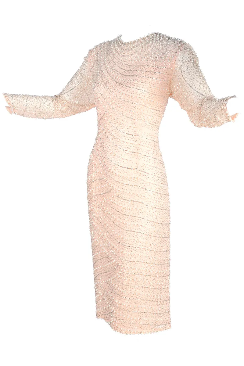 1980's Pale Pink Silk Vintage Dress w/ Bugle Beads & Pearls