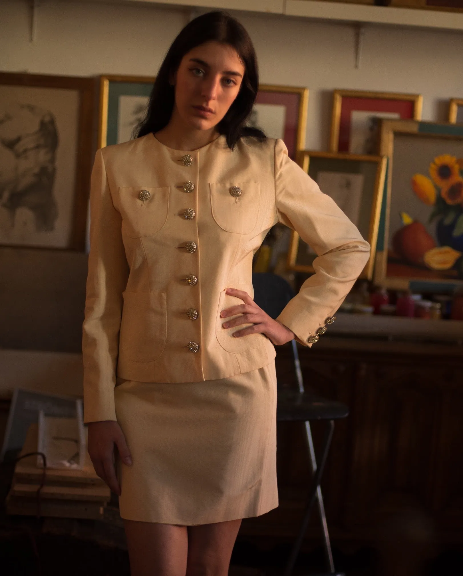 1980s YSL cream moiré rhinestone button skirt suit, US 8