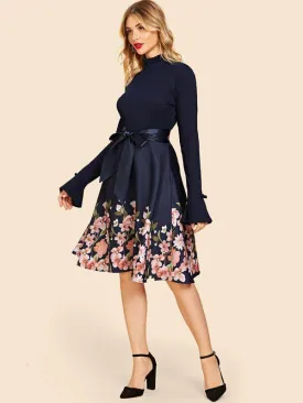 50s Floral Frill Neck Belted Flare Dress