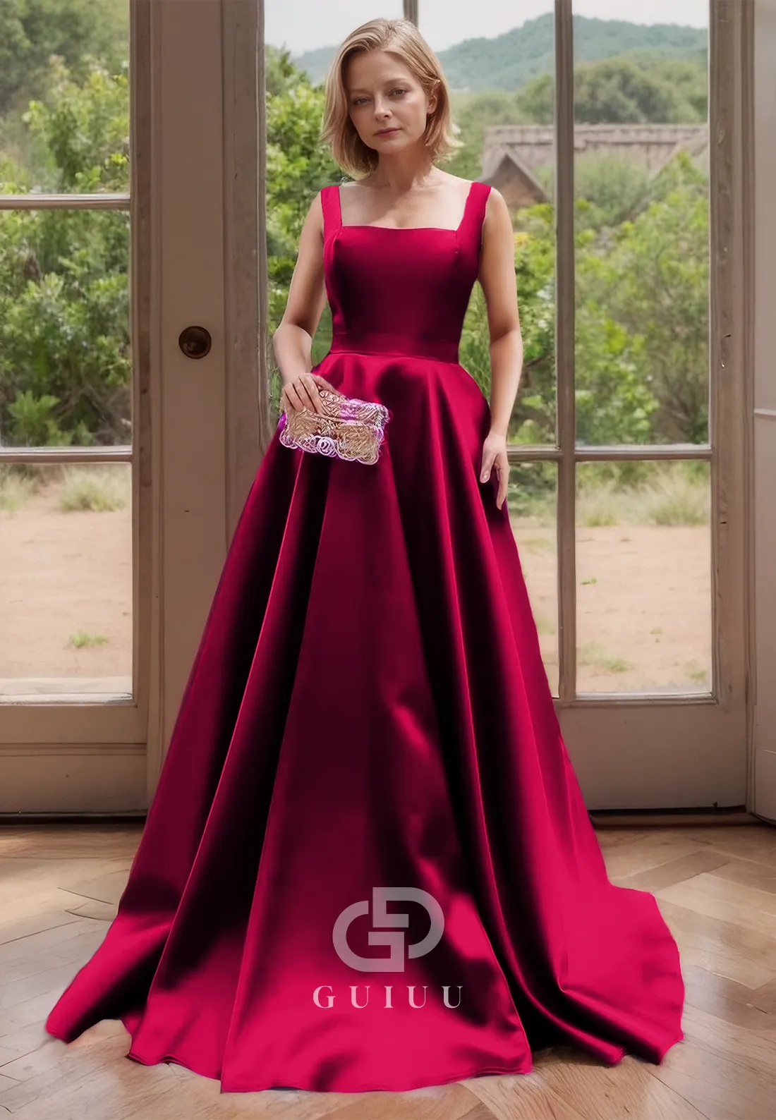 A-Line Fuchsia Square Mother of Bride Dress Draped Evening Dress with Bowknot