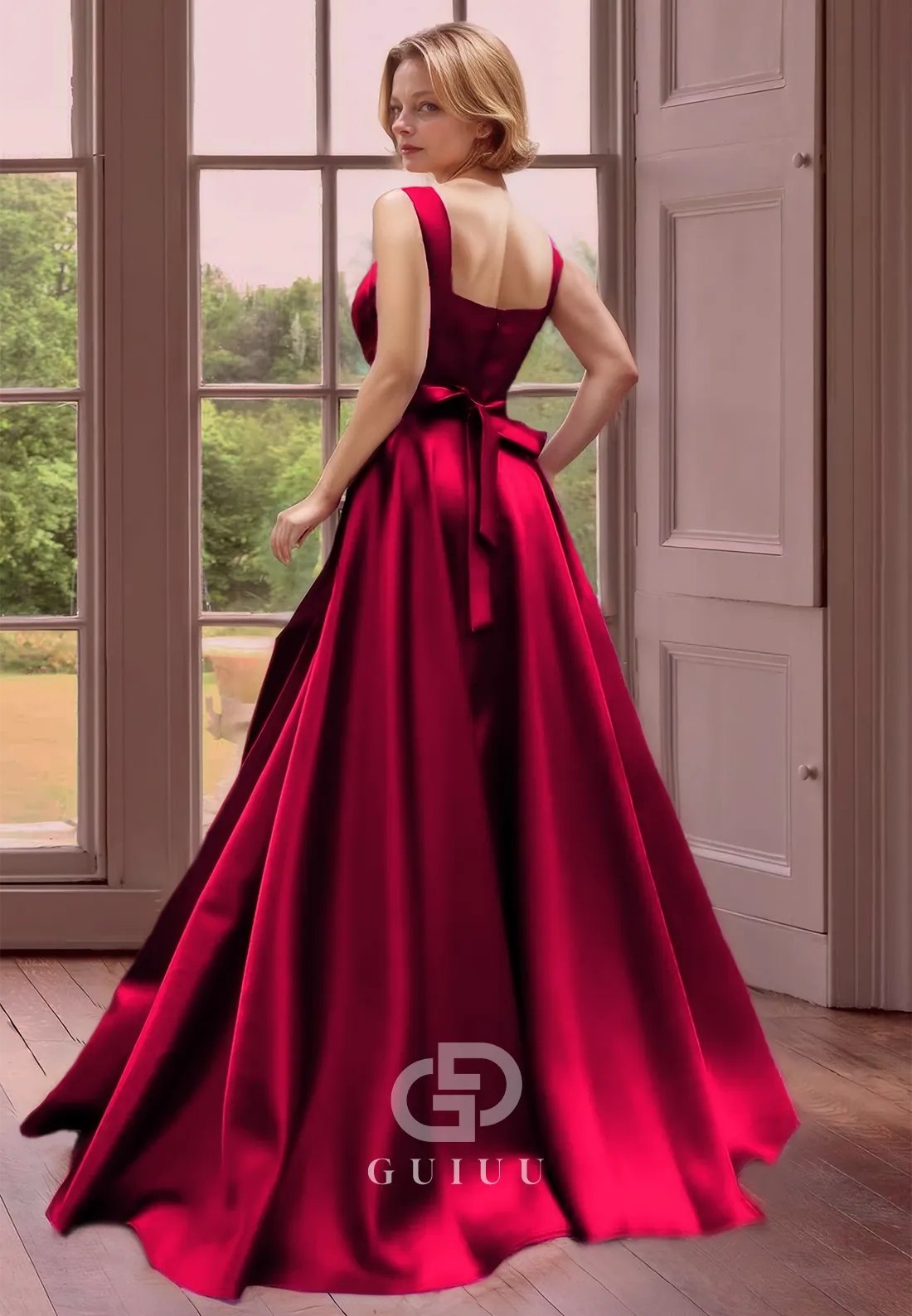 A-Line Fuchsia Square Mother of Bride Dress Draped Evening Dress with Bowknot