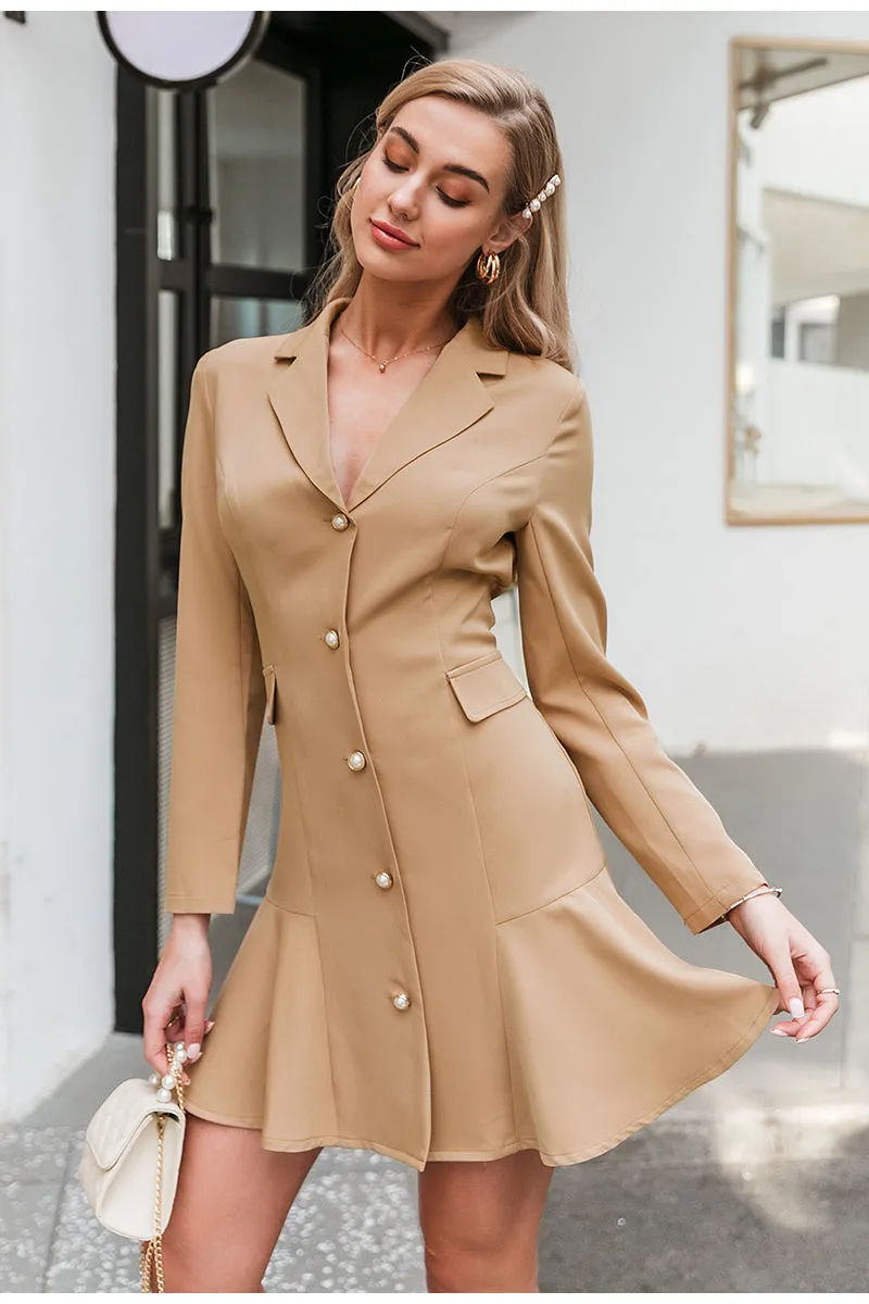 A-line Ruffled Elegant Ruffled Button Lapel Office Blazer Dress