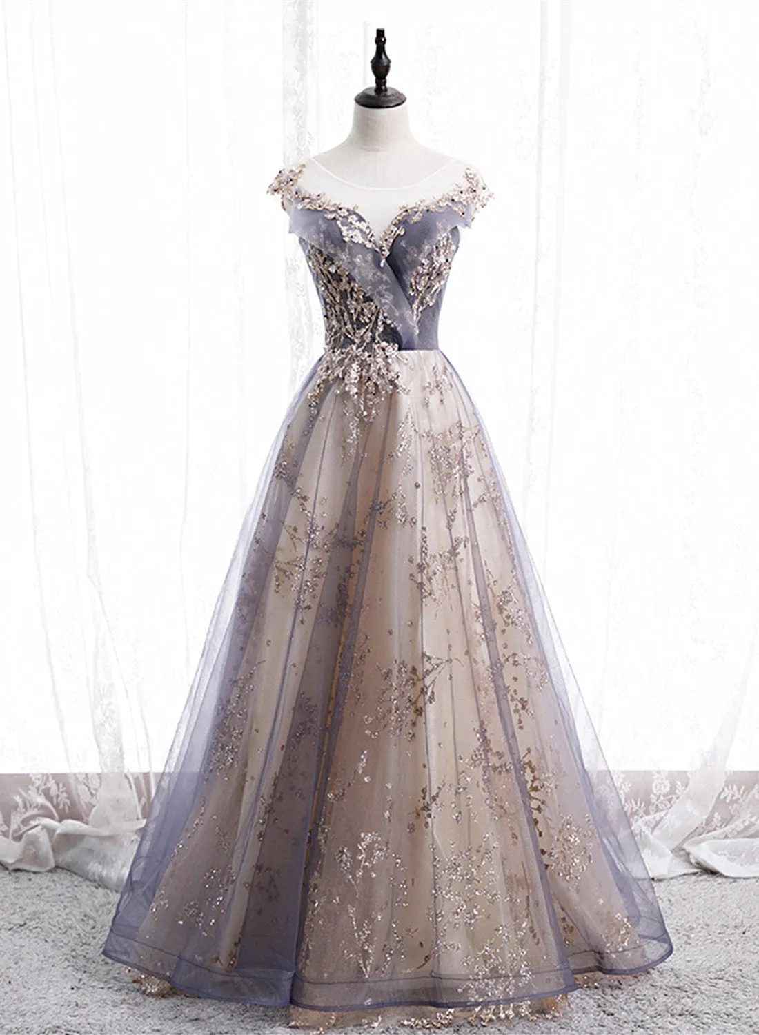 A-line Tulle with Lace Applique Party Dress, Tulle Long Prom Dress