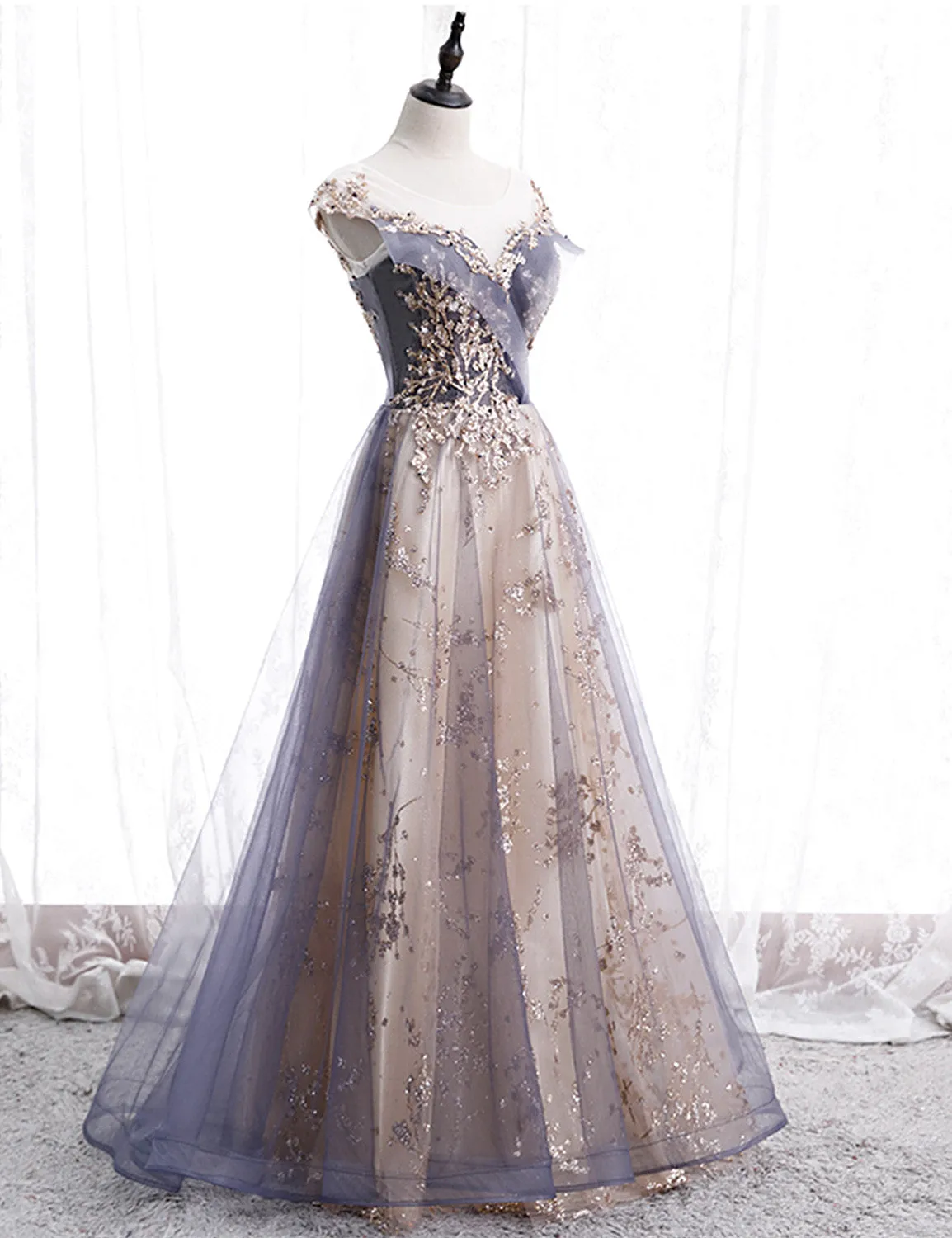 A-line Tulle with Lace Applique Party Dress, Tulle Long Prom Dress