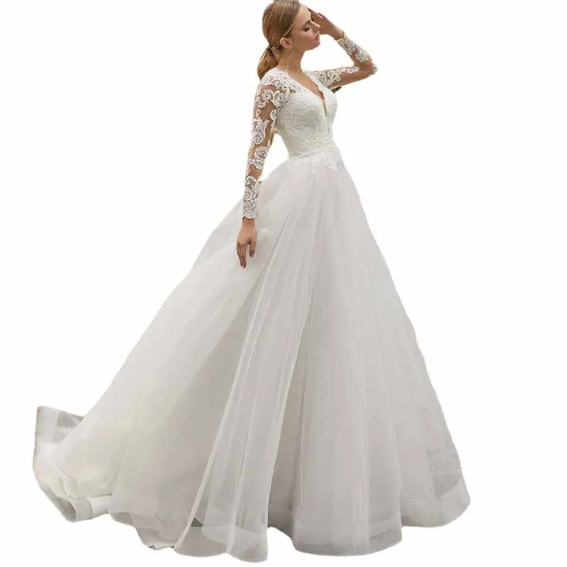 A-Line/Princess Tulle/Long Sleeve Zipper Wedding Dress With Appliqued