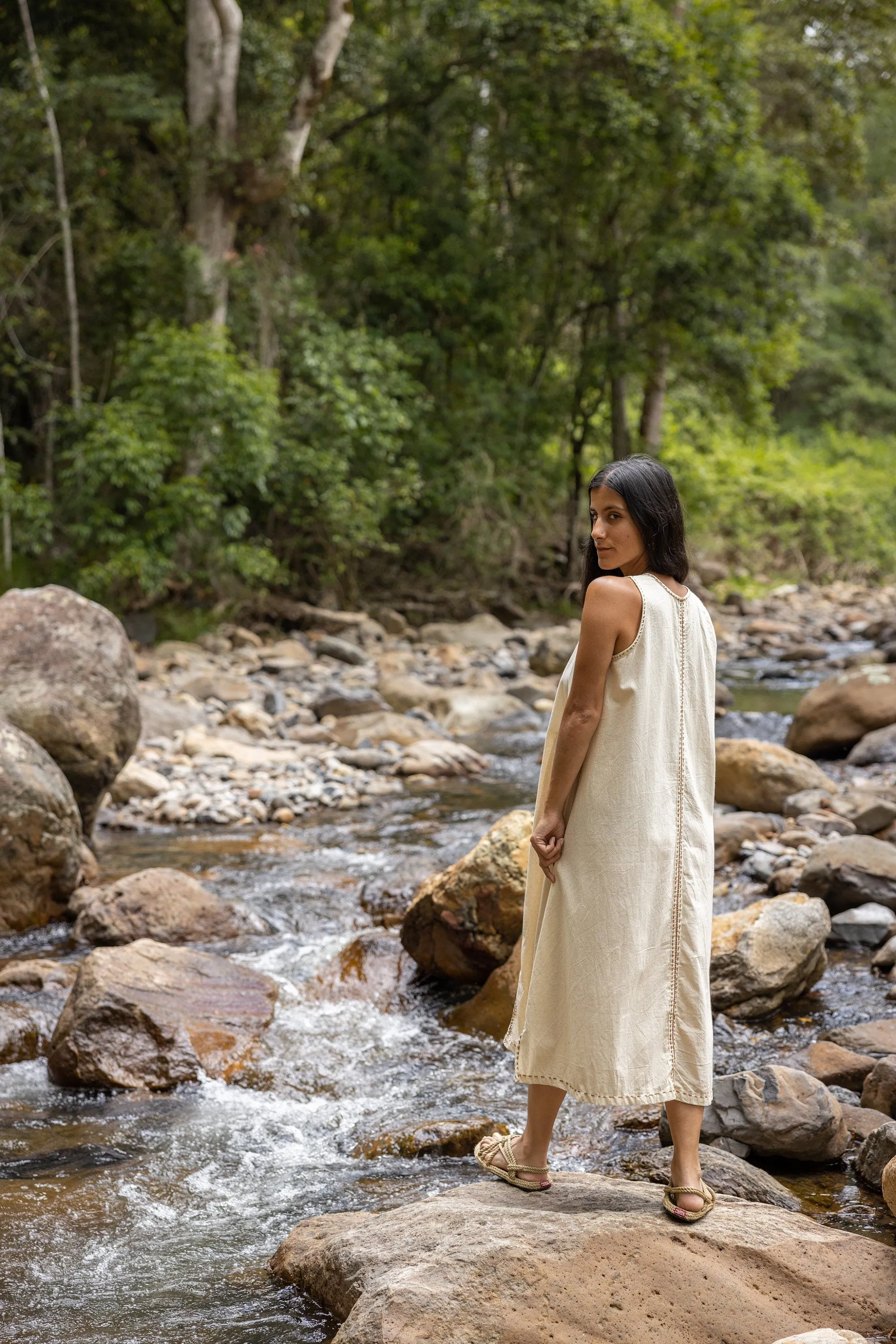 AHUA Dress Beige Maxi Long Simple Natural Cotton Sleeveless Handwoven Embroidery Pocket Boho Bridesmaid Wedding Festival Handmade AJJAYA