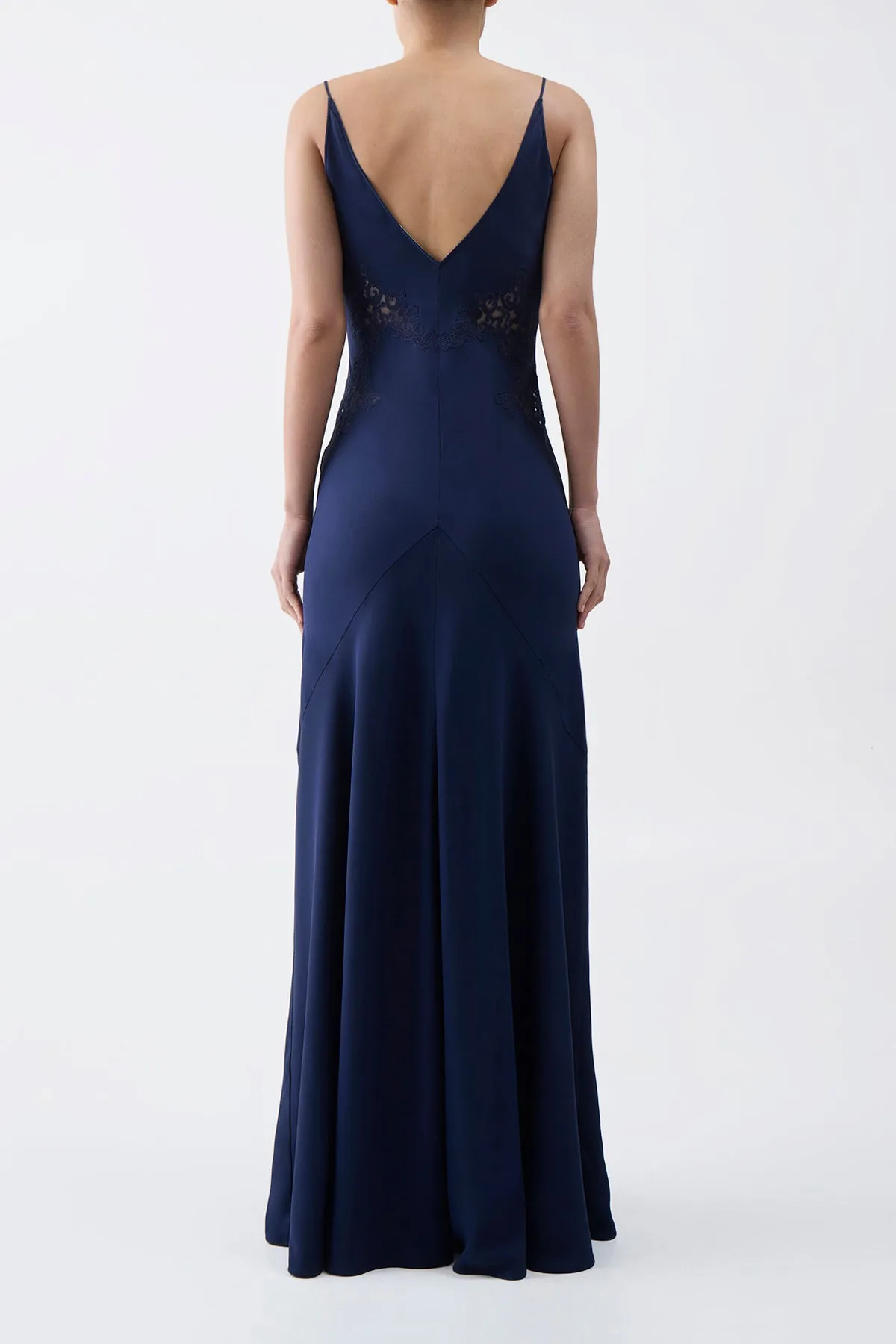 Apuleius Lace Slip Maxi Dress in Navy Silk Crepe