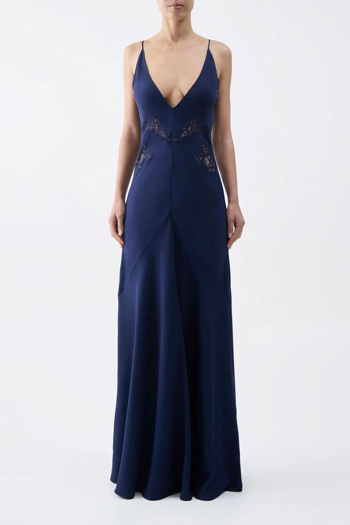 Apuleius Lace Slip Maxi Dress in Navy Silk Crepe