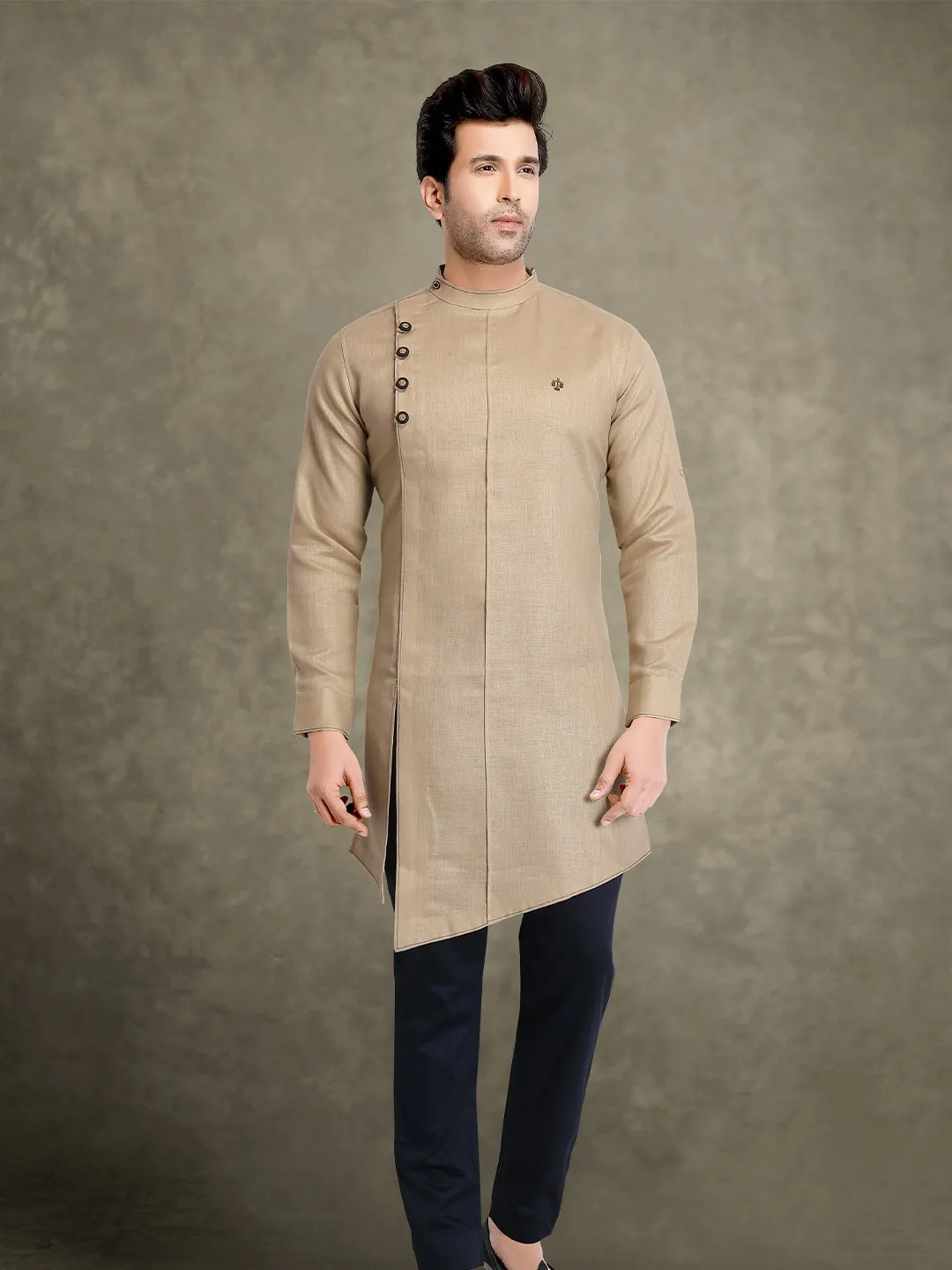 Beige Fine Linen Mens Designer Indo-Western Suit