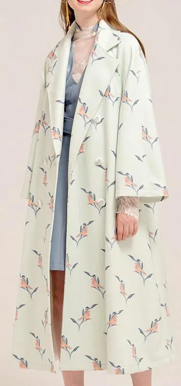 Bird & Floral Embroidered Long Wool & Cashmere Coat