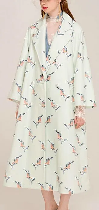 Bird & Floral Embroidered Long Wool & Cashmere Coat