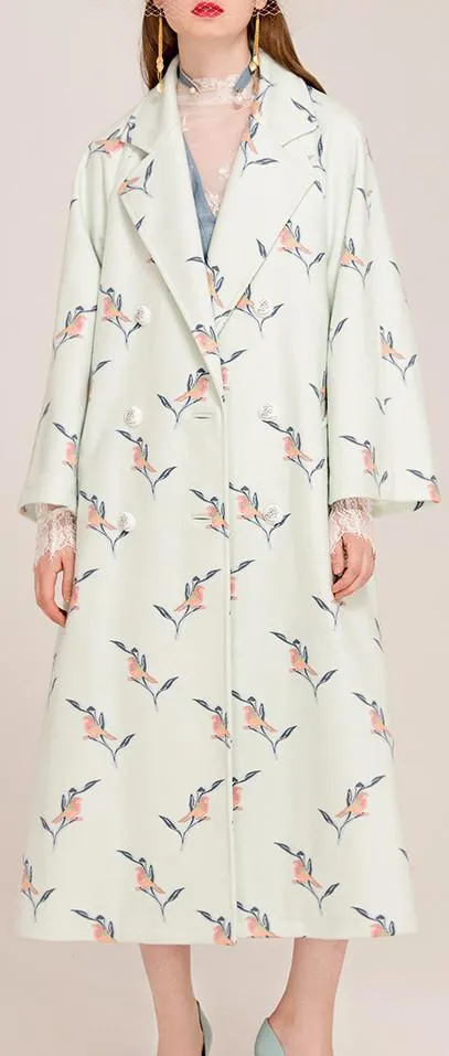 Bird & Floral Embroidered Long Wool & Cashmere Coat