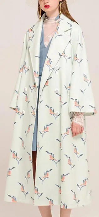 Bird & Floral Embroidered Long Wool & Cashmere Coat