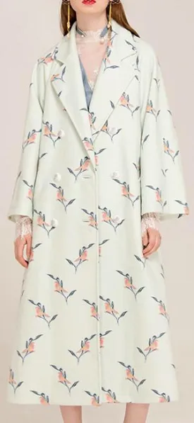 Bird & Floral Embroidered Long Wool & Cashmere Coat