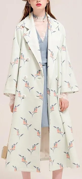 Bird & Floral Embroidered Long Wool & Cashmere Coat