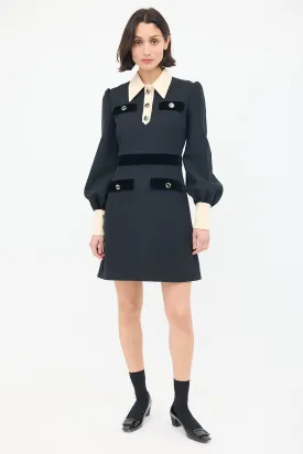 Black & Cream Wool & Silk Four Pocket Dress