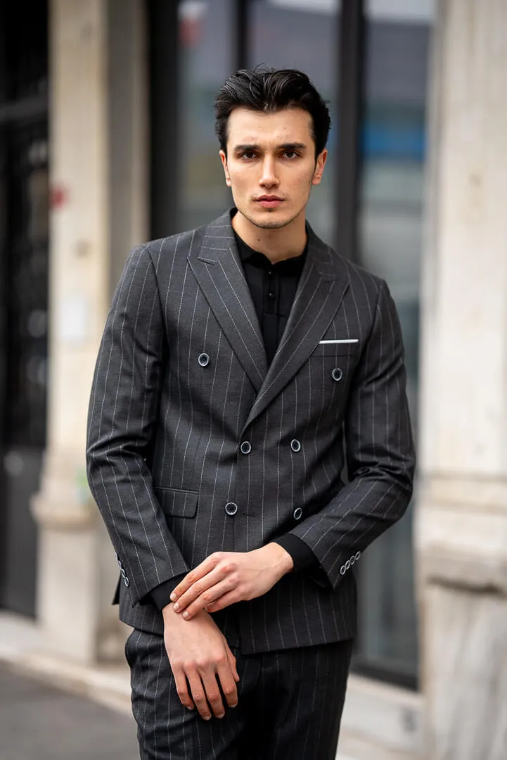 Black Double-Breasted Suit with Pinstripes.