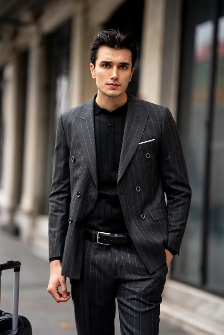 Black Double-Breasted Suit with Pinstripes.