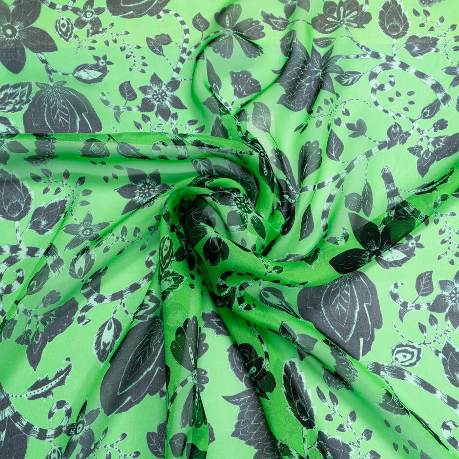 Black Floral Printed Green Pure Silk Georgette