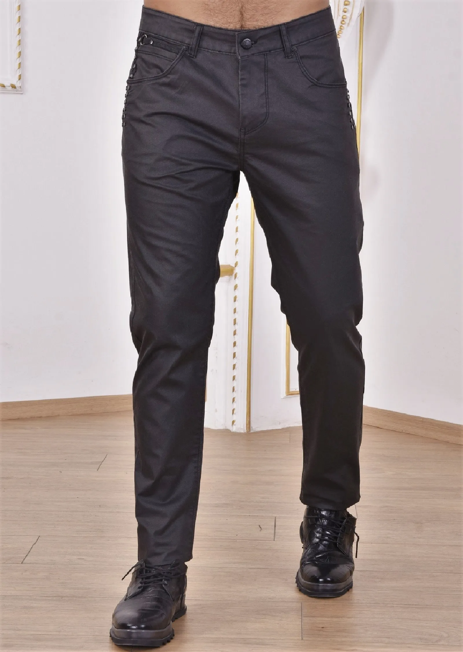 Black Side Studded Waxed Pants