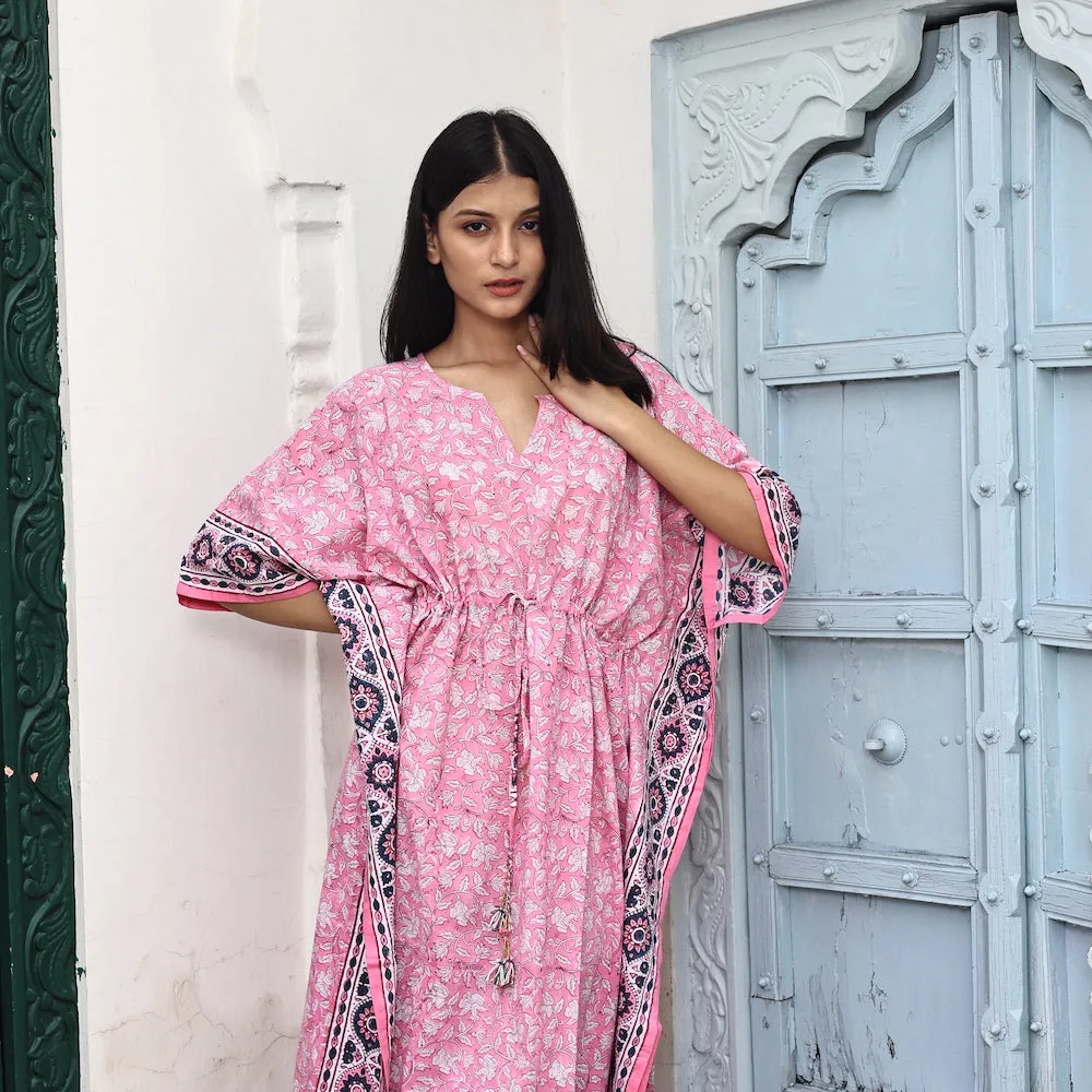 Block-Printed Cotton Kaftan in Lemonade