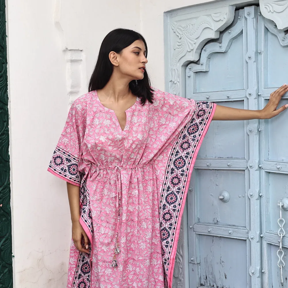 Block-Printed Cotton Kaftan in Lemonade