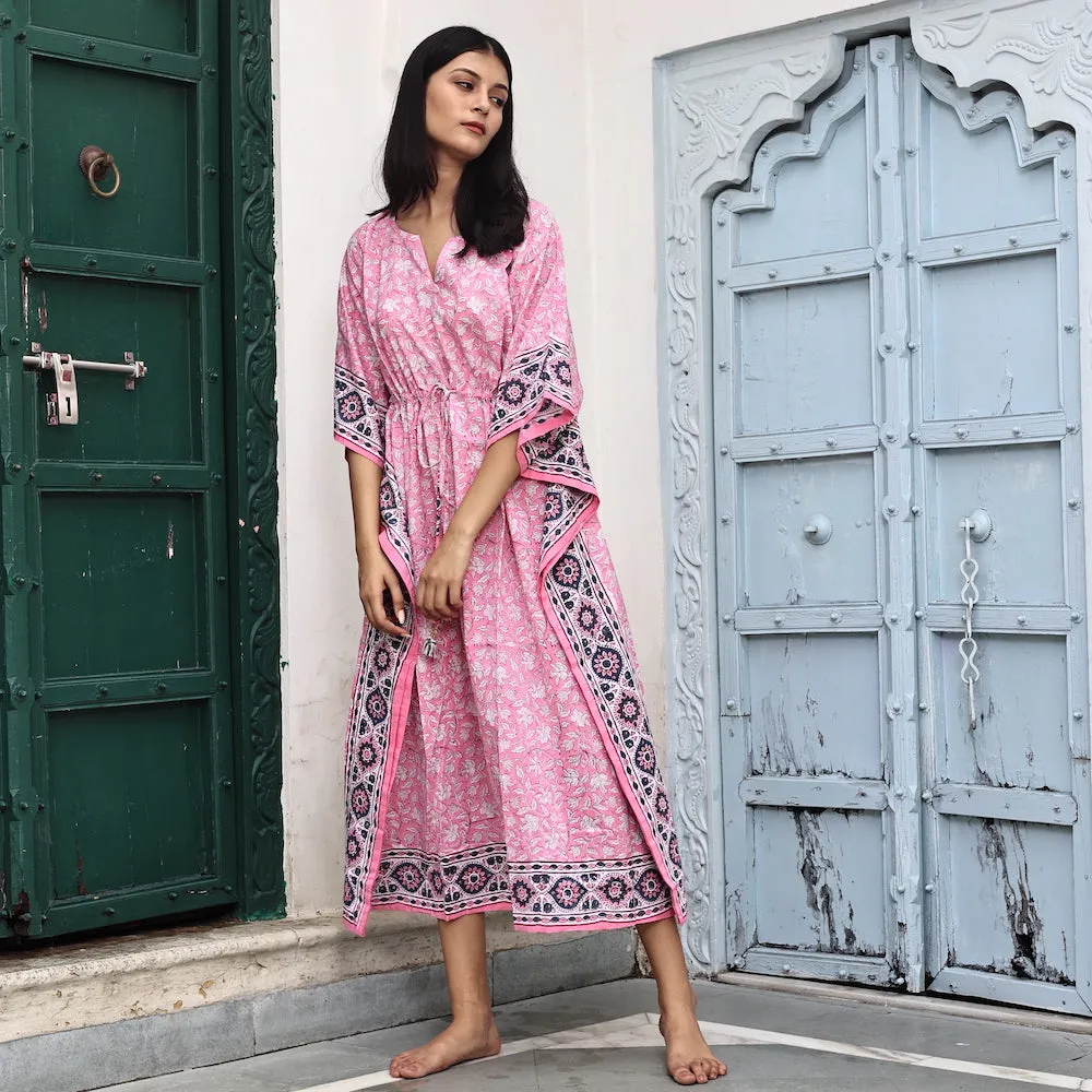 Block-Printed Cotton Kaftan in Lemonade