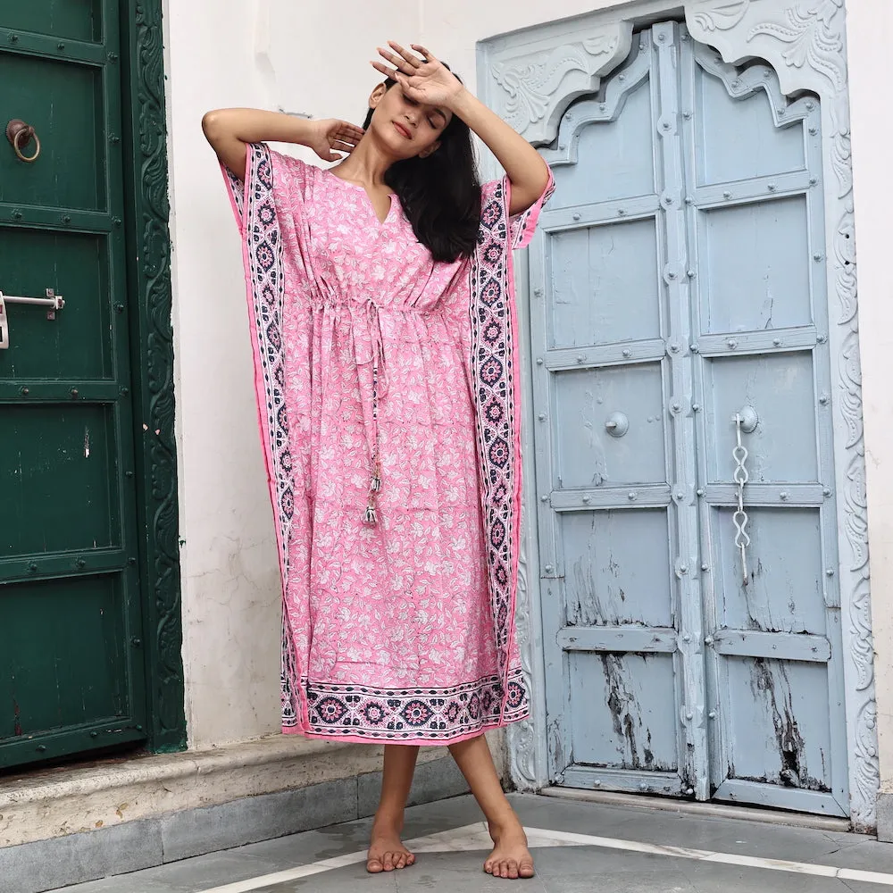 Block-Printed Cotton Kaftan in Lemonade