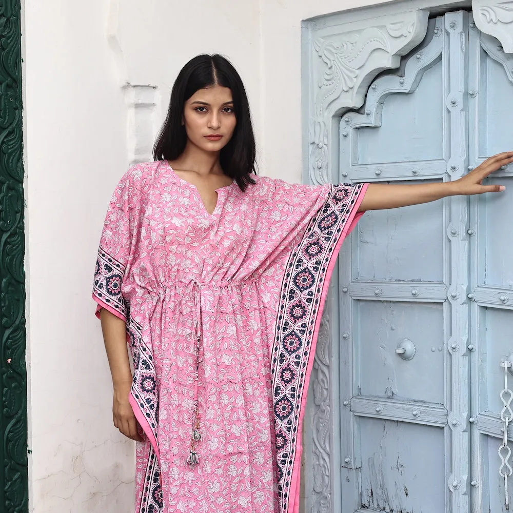 Block-Printed Cotton Kaftan in Lemonade