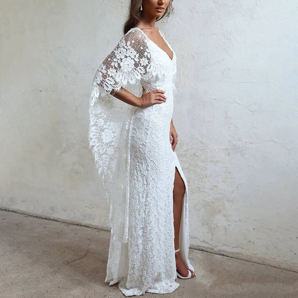 Boho Batwing Sleeve Wedding Dress Backless Lace Destination Sheath Bridal Gown