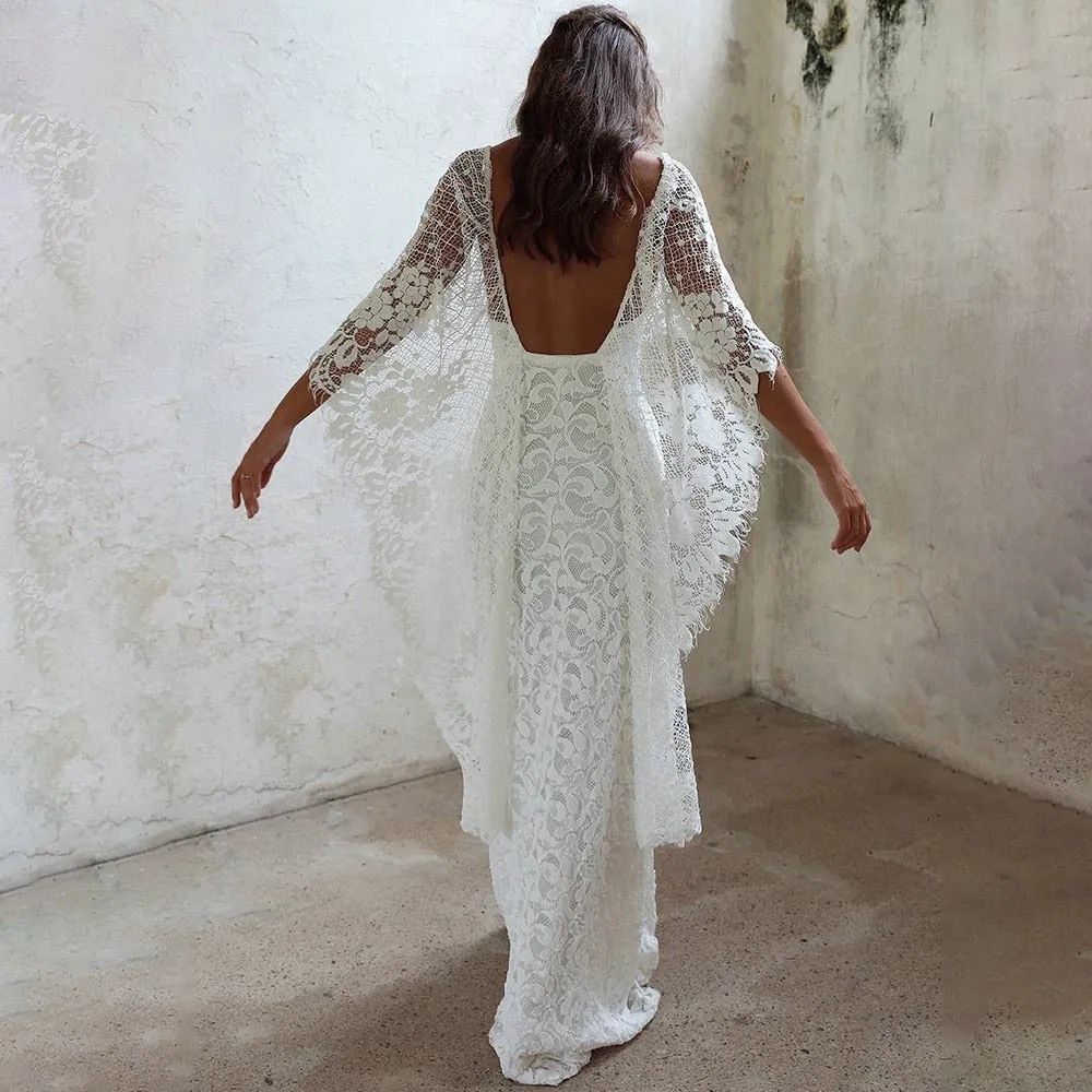 Boho Batwing Sleeve Wedding Dress Backless Lace Destination Sheath Bridal Gown