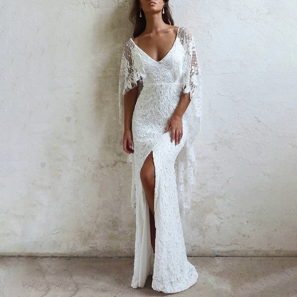 Boho Batwing Sleeve Wedding Dress Backless Lace Destination Sheath Bridal Gown