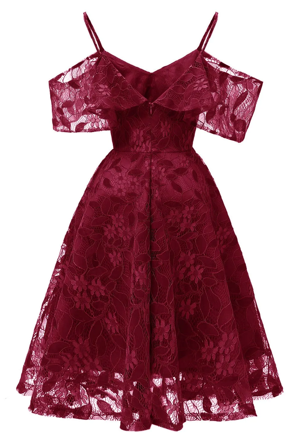 Burgundy Lace A-line Spaghetti Straps Prom Dress