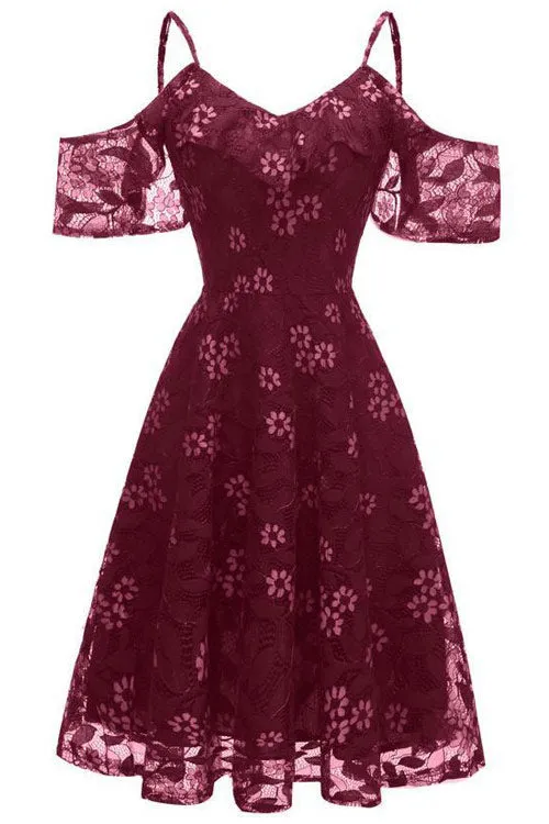 Burgundy Lace A-line Spaghetti Straps Prom Dress