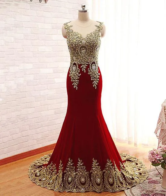 Burgundy Mermaid Beads Lace Appliques Chiffon Long Prom Dress, Burgundy Mermaid Formal Dress, Evening Dress