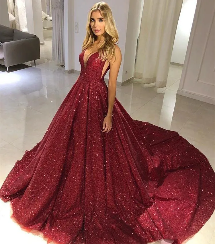 Burgundy Sequins Sleeveless Evening Dress