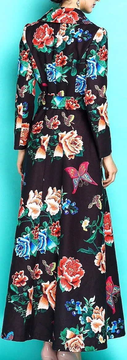 Butterfly and Floral Print Long Trench Coat