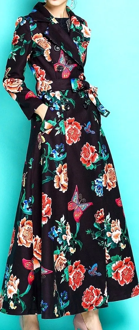 Butterfly and Floral Print Long Trench Coat