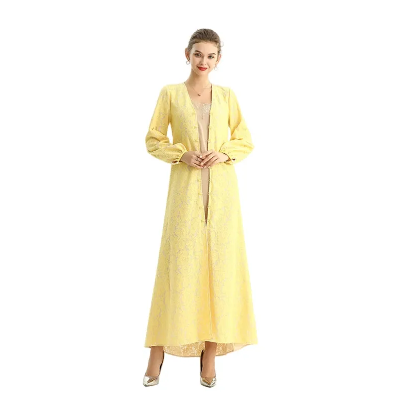 C165-2 Women bonded lace long sleeves evening maxi robe dress