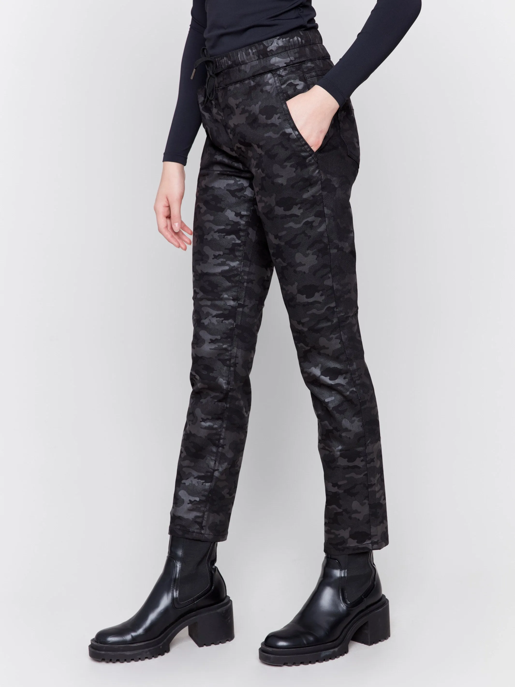 Camo Print Ponte Jogger Pants - Black