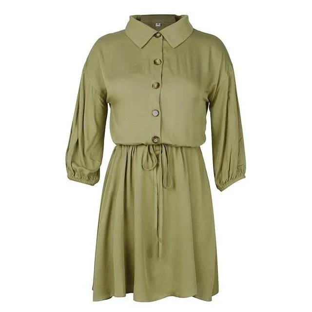 Casual Lace Up Elegant A-line Buttons Mini Office Dress