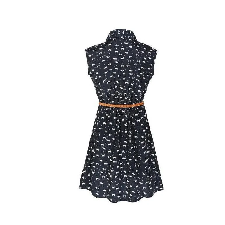 Cat Footprints Pattern Casual Summer Dress with Belt