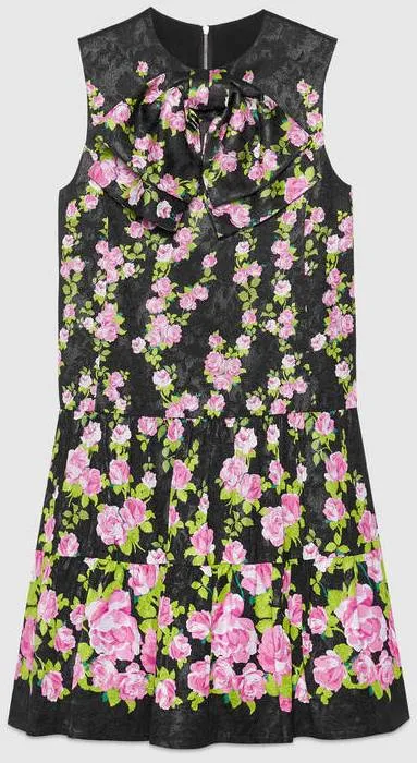 Climbing Roses Silk Dress with Neck Bow