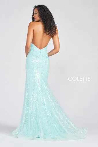 Colette 12234 Aqua Sequin Halter Fitted Dress with Slit