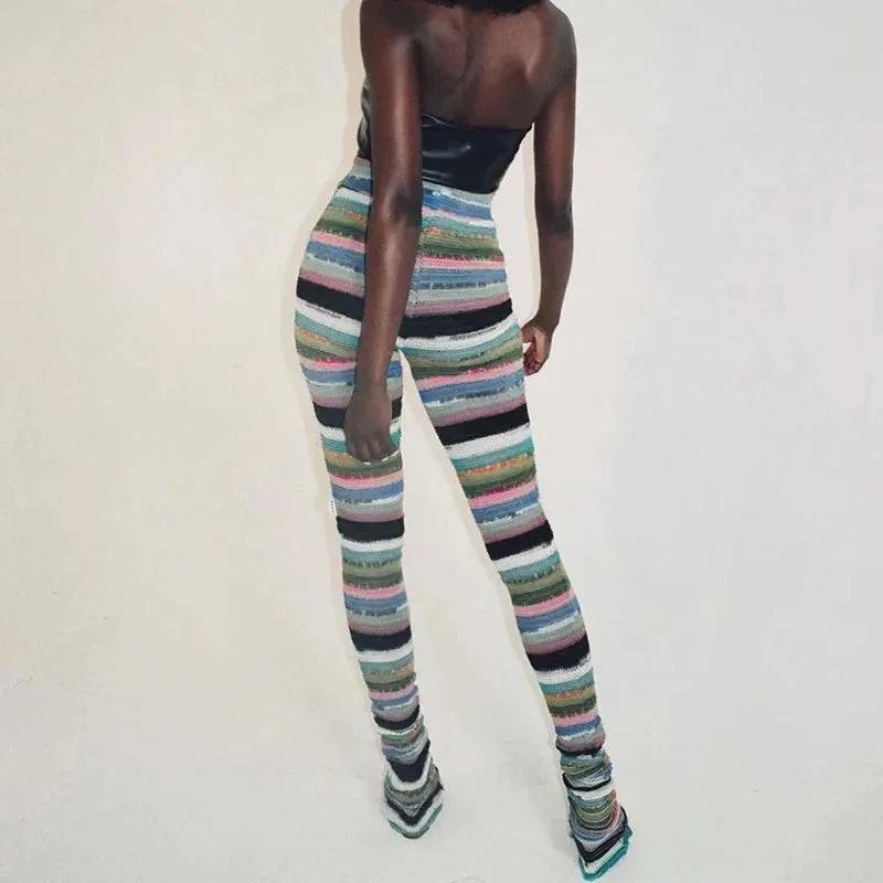 Colorful Striped Knitted Trousers Random Printed High Waist Slim Fit Daily Pants