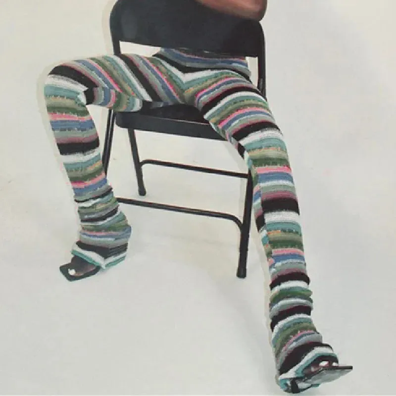 Colorful Striped Knitted Trousers Random Printed High Waist Slim Fit Daily Pants