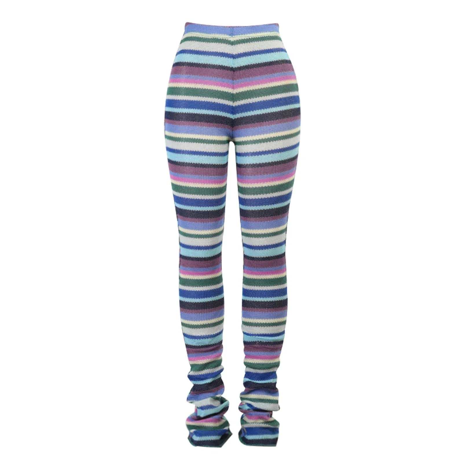 Colorful Striped Knitted Trousers Random Printed High Waist Slim Fit Daily Pants