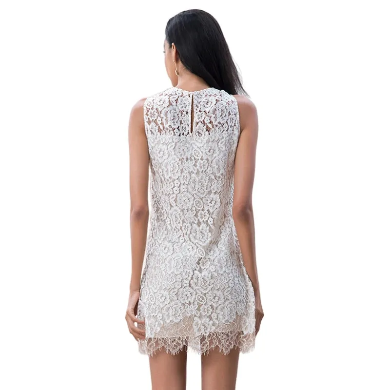 D097-2 Women Peony flower eyelash lace sleeveless fitted day and party mini dress